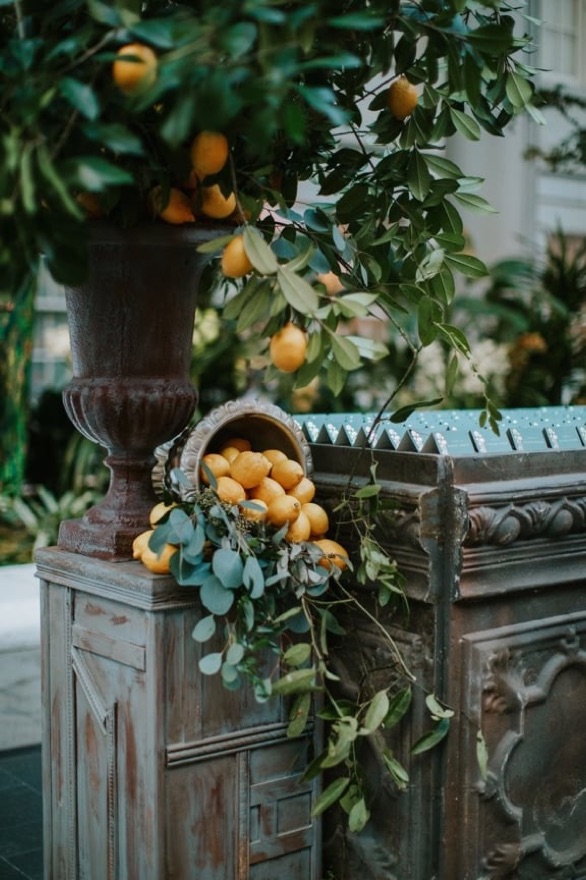Citrus and greenery installation on antique furniture